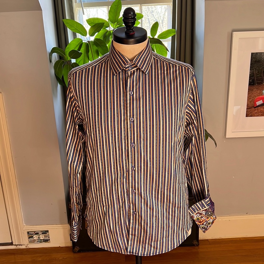ROBERT GRAHAM Blue Green Stripes Paisley Cotton Medium Classic Long Sleeve Shirt